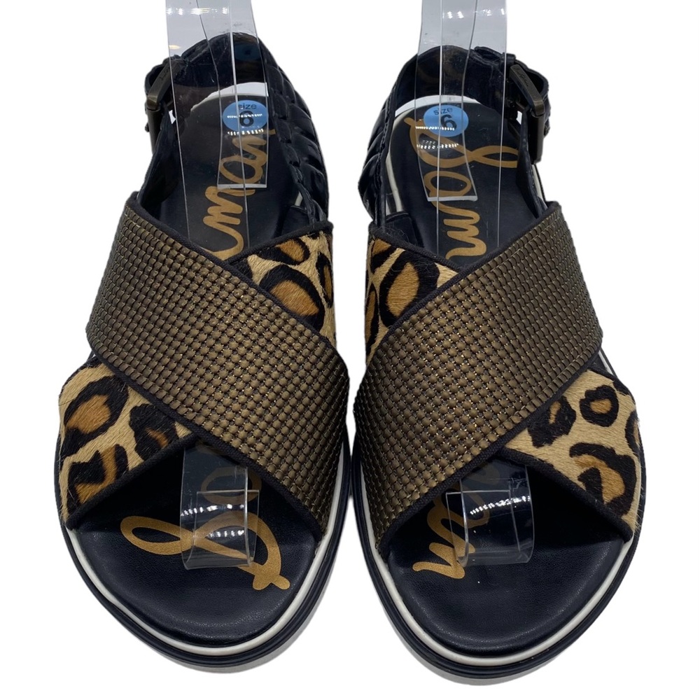 Sam Edelman Sandals Jolan Leopard Calf Hair Leather Crisscross Flat Casual Sz 6